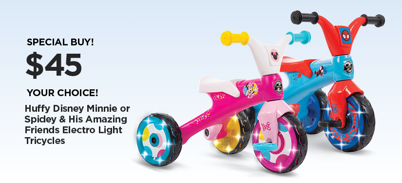 45 Your Choice! Huffy Disney Minnie, or Spidey & His Amazing Friends Electro Light Tricycles