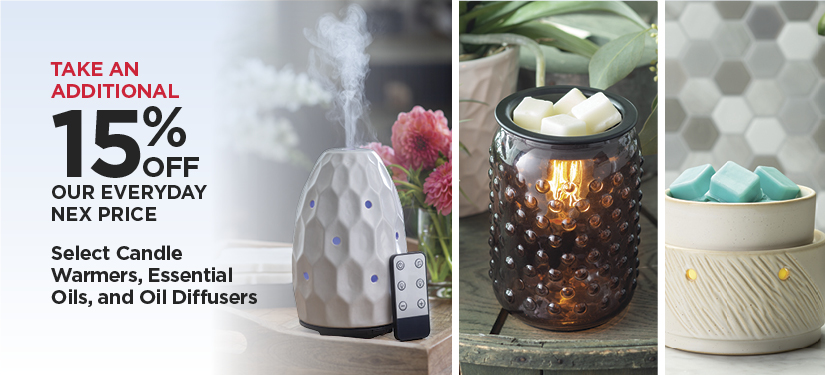 Take An Additional 15% Off Our Everyday NEX Price Select Candle Warmers, Essential Oils, and Oil Diffusers