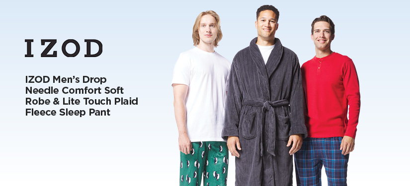 Izod Mens  Drop Needle Comfort Soft Robe & Lite Touch Plaid Fleece Sleep Pant