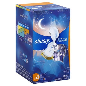Always Infinity Size 4 Unscented Overnight Sanitary Pads with Wings, 26-count