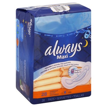 Always Maxi Size 4 Unscented Overnight Pads With Wings, 26-Count