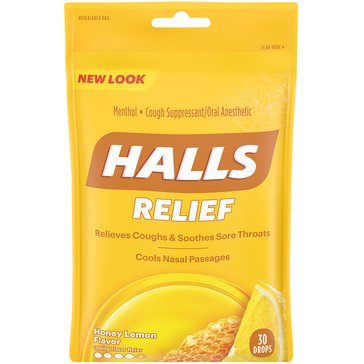 Halls Honey Lemon Cough & Sore Throat Drops, 30-count