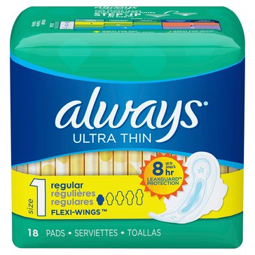 Always Size 1 Ultra Thin Pads with Wings, 18-count