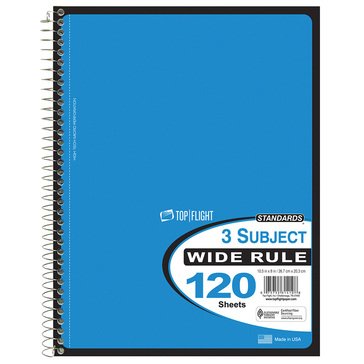 Top Flight 3-Subject Wide Ruled 120 Sheet Notebook
