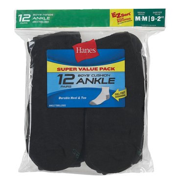 Hanes Boys' 12-Pack Ankle Socks, Medium