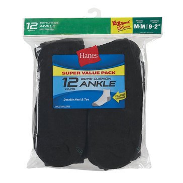 Hanes Boys' 12-Pack Ankle Socks, Large
