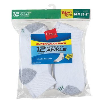 Hanes Boys' 12-Pack Ankle Socks, Small