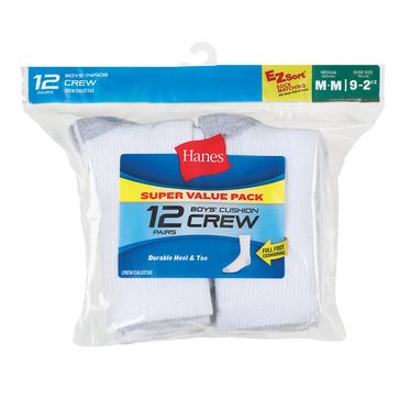 Hanes Boys' 12-Pack Crew Socks, Medium