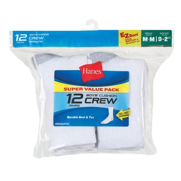 Hanes Boys' 12-Pack Crew Socks, Large