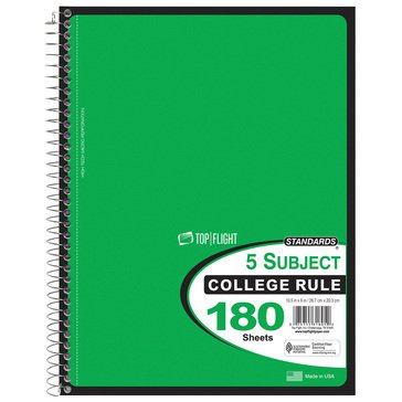 Top Flight 5 Subject College Ruled 180 Sheet Notebook