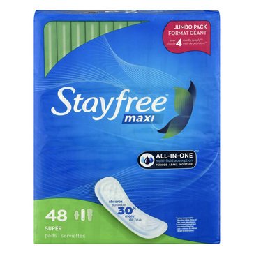 Stayfree Super Absorbent Unscented Pads Without Wings, 48-count