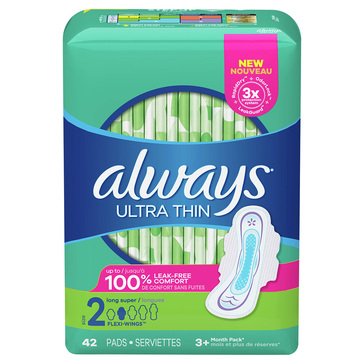 Always Ultra Thin Unscented Pads With Flexi-Wings, 42-count