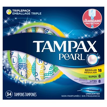 Tampax Pearl Unscented Regular Tampons, 34-count