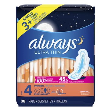 Always Ultra Thin Overnight Pads with Flexwings, 36-count