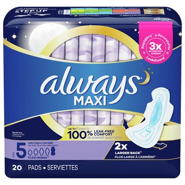 Always Maxi Size 5 Unscented Extra Heavy Overnight Pads With Wings, 20-count