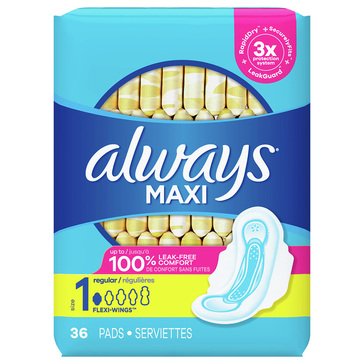 Always Maxi Size 1 Unscented Regular Pads With Wings, 36-count