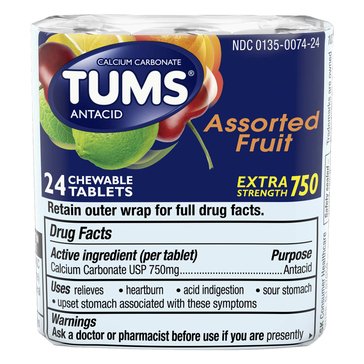 TUMS Antacid With Calcium Extra Strength 750mg, 3 Rolls Chewable Tablets, 24-Count