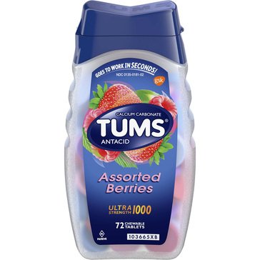 TUMS Ultra Strength Antacid/Calcium Supplement Assorted Berries 1000mg Chewable Tablets, 72-count