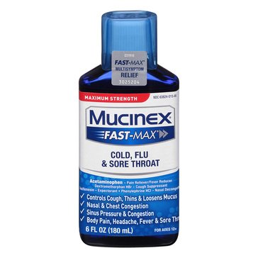 Mucinex Fast Max Maximum Strength Cold, Flu and Sore Throat Relief 400mg Liquid, 6 fl oz