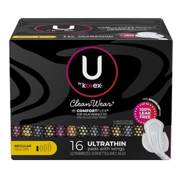 U by Kotex CleanWear Regular Absorbency Ultra Thin Pads with Wings, 16-count