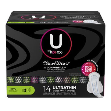 U by Kotex CleanWear Heavy Absorbency Ultra Thin Pads with Wings, 14-count