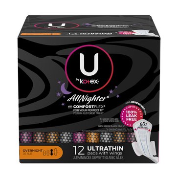 U by Kotex CleanWear Overnight Ultra Thin Pads with Wings, 12-count
