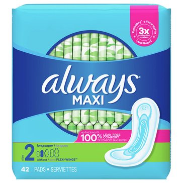 Always Maxi Maxi Size 2 Long Super Non-Wing Pads, 42-count
