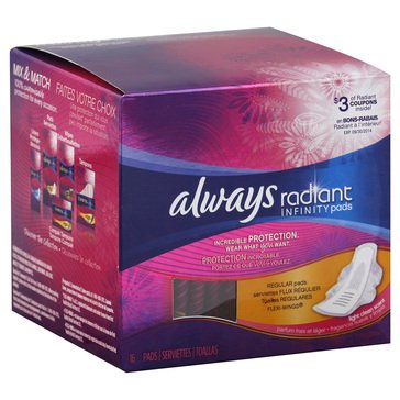 Always Radiant Infinity Size 1 Scented Regular Pads with Wings, 15-count