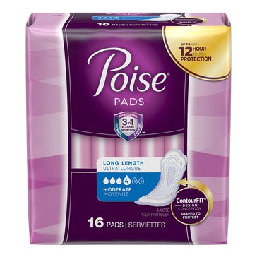 Poise Long Length Regular Absorbency Incontinence Pads, 16-count