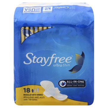 Stayfree Ultra Thin Regular Pads with Wings, 18-count