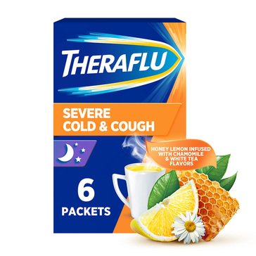 Theraflu Night Time Severe Cold and Cough Relief Honey Lemon Hot Liquid Powder, 6-count