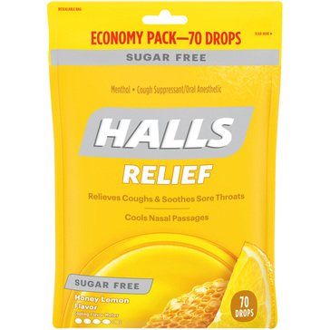 Halls Sugar Free Honey Lemon Cough & Sore Throat Drops, 70-count