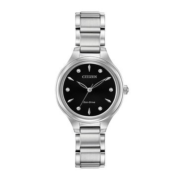 Citizen Women's Corso Black Dial Stainless Steel Silver Tone Bracelet Eco-Drive Watch,