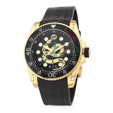 Gucci Men's Gold Case Black Dial King Snake Black Rubber Strap Watch, 45mm