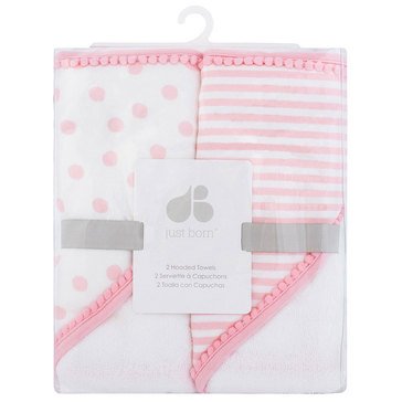 Just Born Baby Girls' 2-Pack Hooded Towels, Pom Pom
