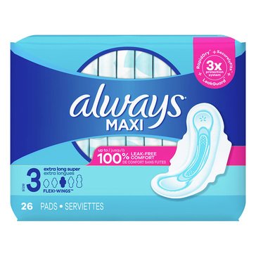 Always Maxi Size 3 Extra Long Super Pads,  26-count