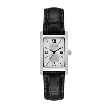 Caravelle Women's Stainless Steel with Black Croc-Embossed Leather Rectangular Watch