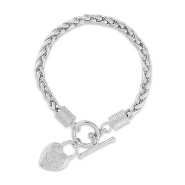 Sterling Silver With Heart Charm 1/10 cttw Diamond Wheat Bracelet