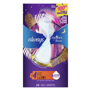 ALWAYS Radiant, Size 4, Overnight Sanitary Pads With Wings, Scented, 28 Count