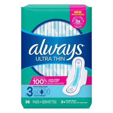 Always Ultra Thin Size 3 Extra Long Super Pads With Wings Unscented, 38-count