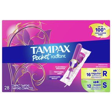 TAMPAX Pocket Radiant Duopack, Regular/Super, Compact Plastic Tampons, Unscented, 28-count