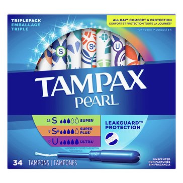 Tampax Pearl Plastic Triple Pack Super  Plus Ultra Absorbency Unscented Tampons, 34-count