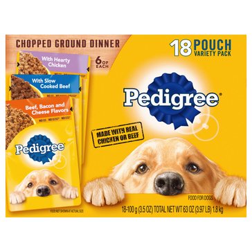 Pedigree Hearty Chicken Pate, Beef, Bacon and Cheese Pate MVP Dog Food, 18 pk