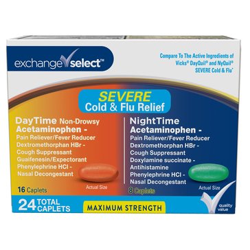 Exchange Select Severe Cold Flu Caplets Combo 16 Day 8 Night, 24-count