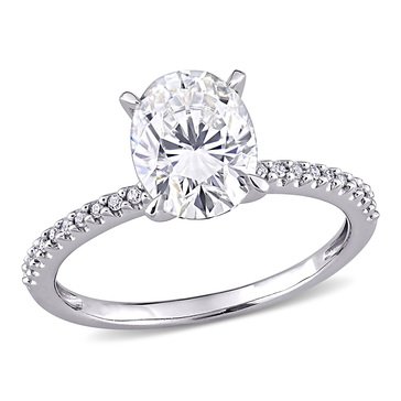 14K White Gold 2 CT Oval-Cut Moissanite and 1/10 CT TW Diamond Engagement Ring