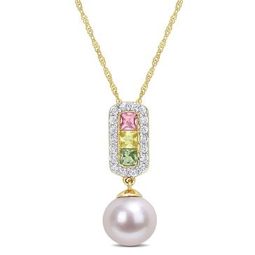 Sofia B. 14K Yellow Gold Freshwater Cultured Pearl and 7/8 cttw Multi-Color Sapphire Pendant