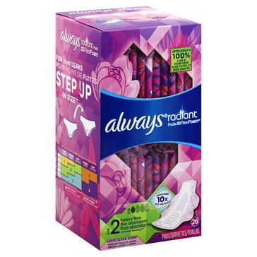 Always Radiant FlexFoam Pads Size 2 Heavy Flow with Wings Scented 26-count