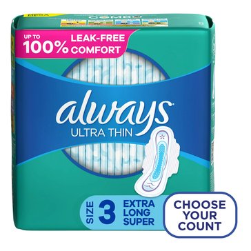 Always Ultra Thin Pads Size 3 Extra Long Super Unscented with Wings, 52-count