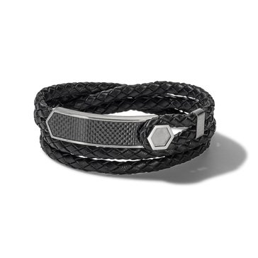 Bulova Double Wrap Braided Black Leather Bracelet