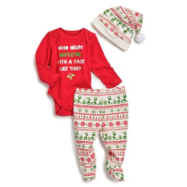 Wanderling Baby Boys' Christmas Mistletoe Bodysuit, Hat & Pants Set